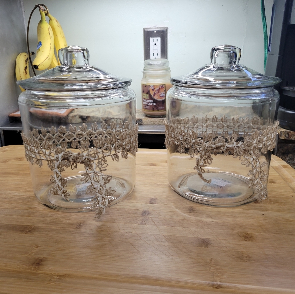 2 XL Elegant Glass Jars with Lace Accent Made In USA 10x7 With Lids. Seals Well